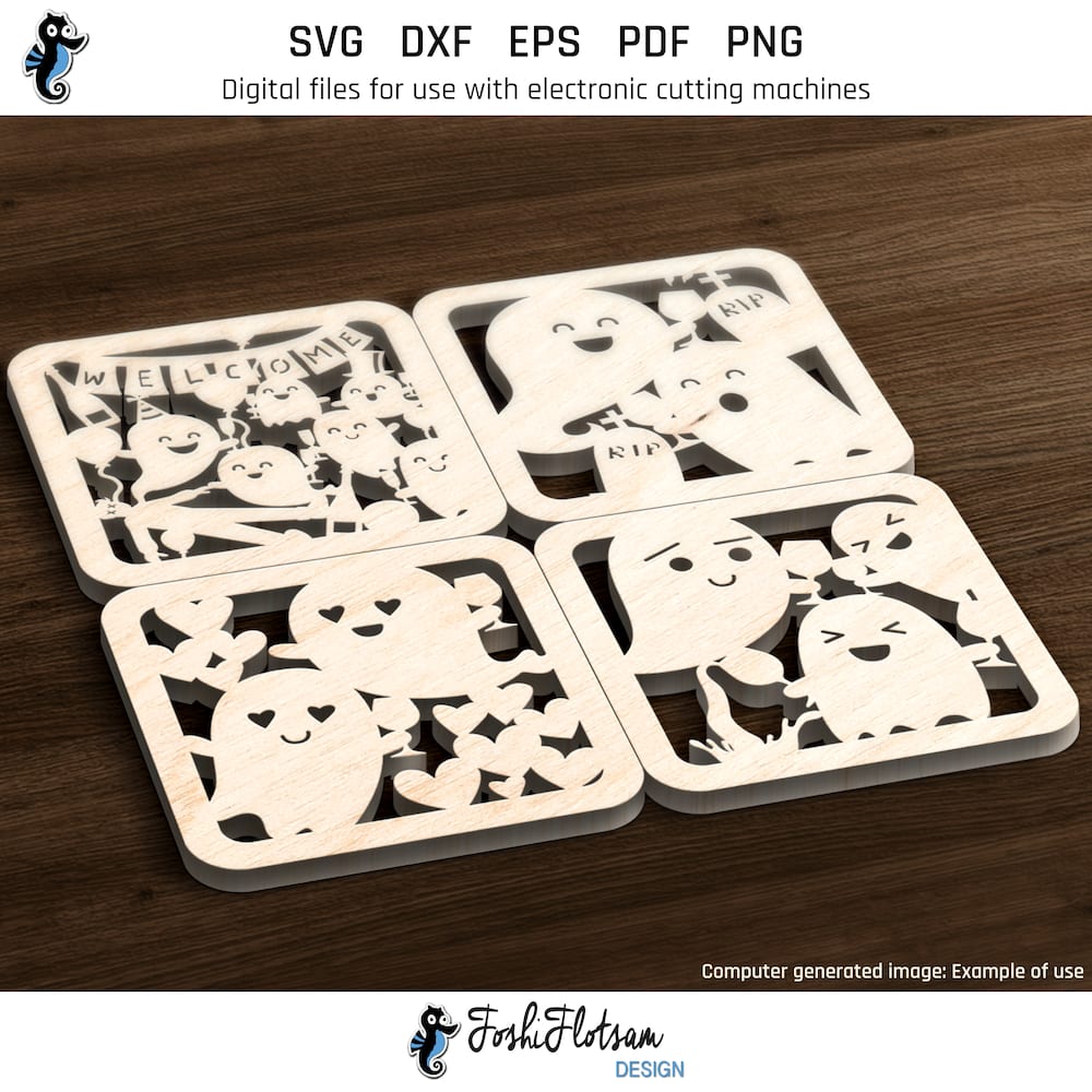 Coaster SVG - Halloween ghost SVG coaster set An example of 4 laser-cut Halloween ghost coasters included in this coaster SVG bundle.